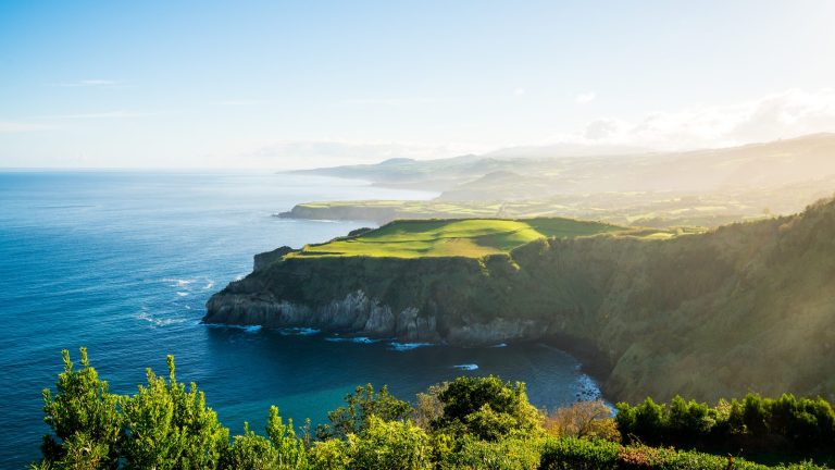 Volcanic coastal landscape in the Azores near Horta, Portugal