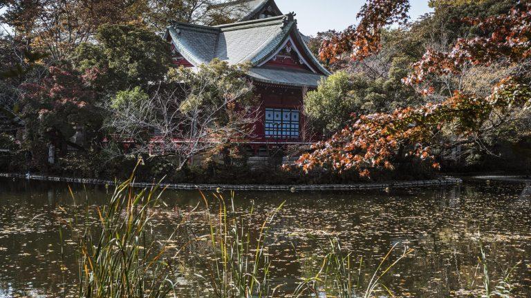A traditional Japanese temple on the banks of a lake - a typical view of the Otsu and Lake Biwa region