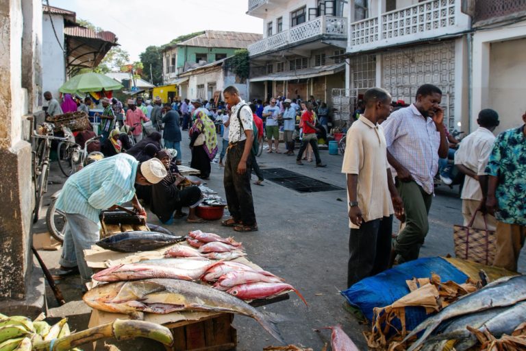 Men sell fish on the street of stone town zanzibar tanzania africa